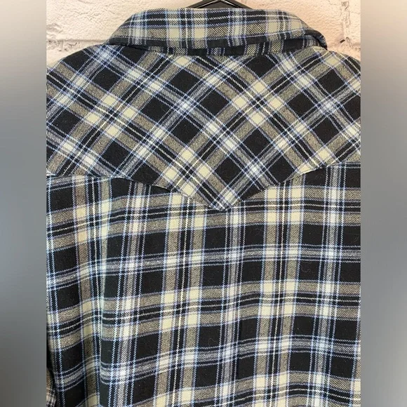 Wrangler Wrancher Vintage Blue Plaid Flannel Shirt w/ Pearl Snap Buttons size XL - Picture 10 of 10